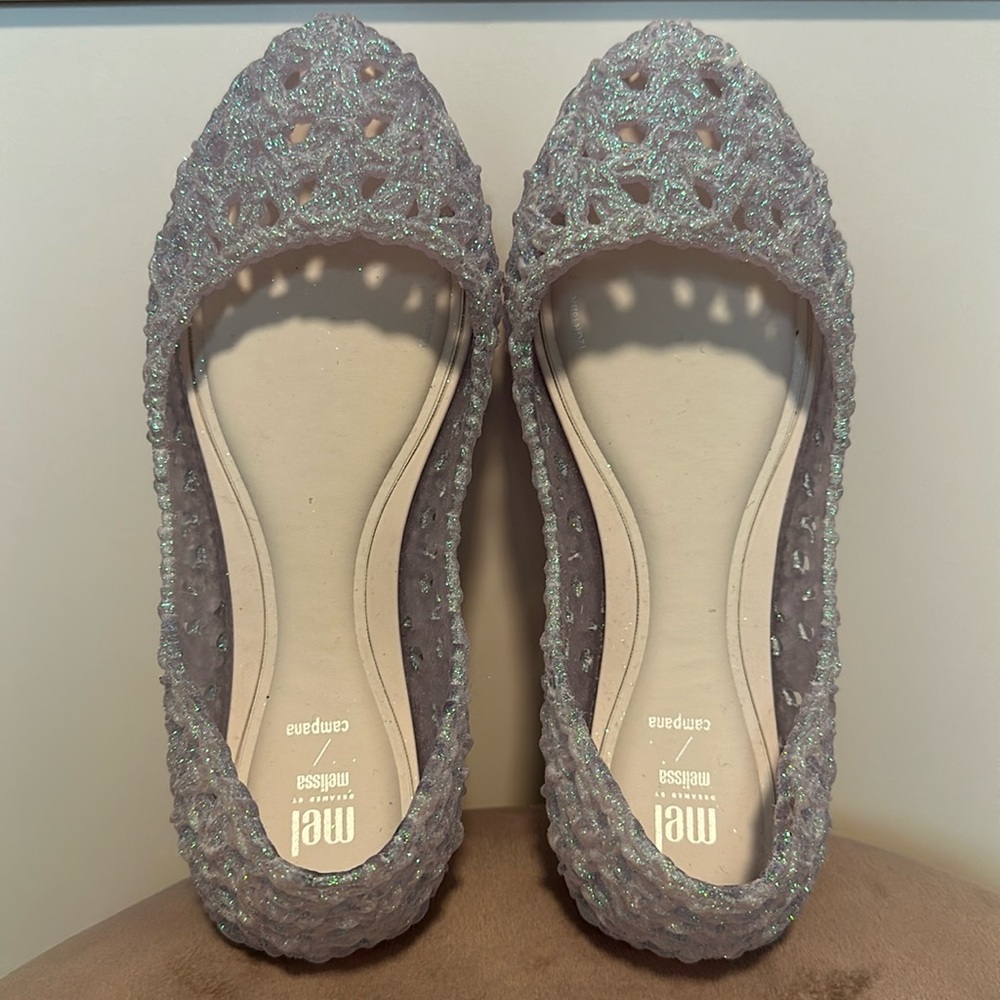 Stunning Melissa Campana flats in iridescent white detail.